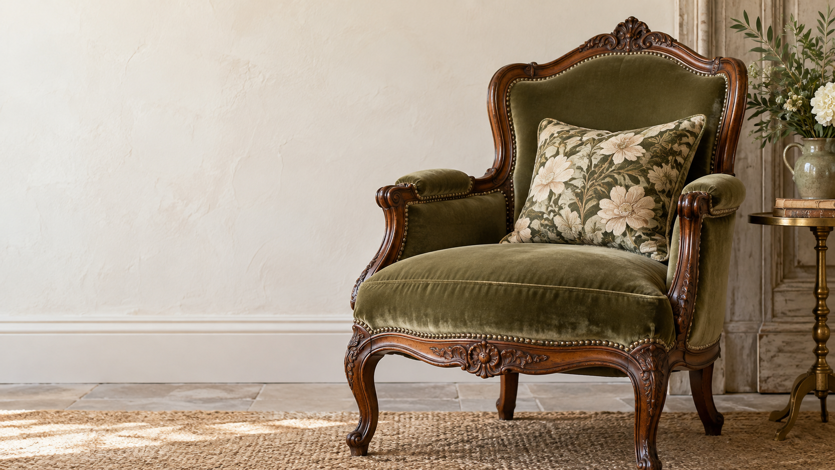 An antique armchair with a green floral cushion